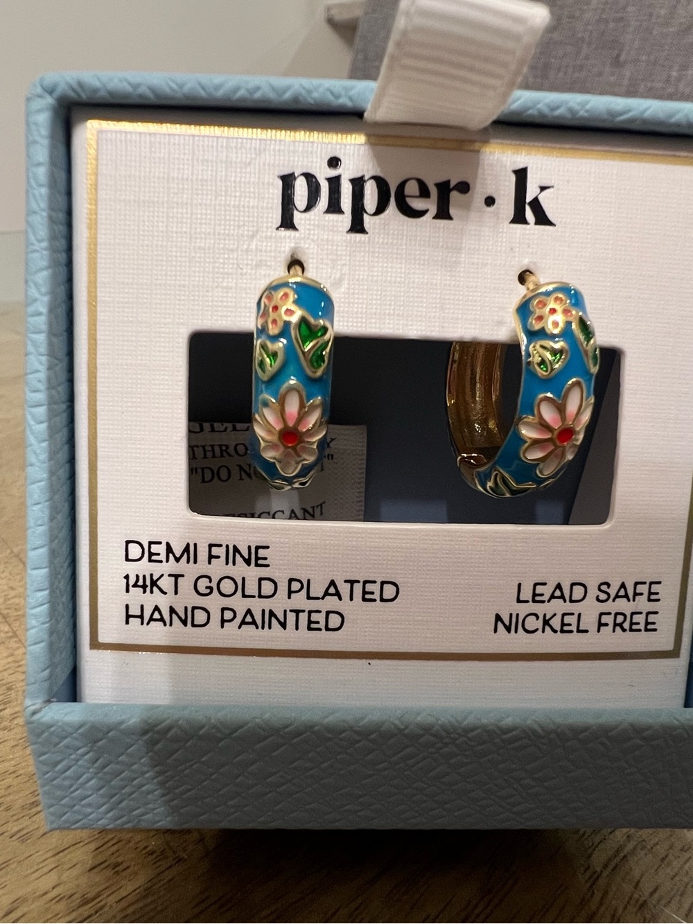 Piper K Hand-Painted Turquoise Floral Hoop Earrings with Gold Plating